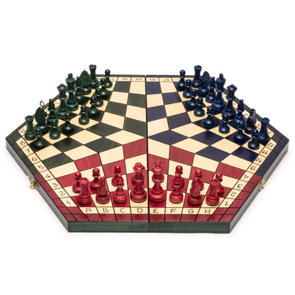 Husaria Wooden Three-Player Chess Set - 21" Foldable Hexagonal Board with Hand-Carved Tri-Color Pieces & Felt Storage - Made in Poland