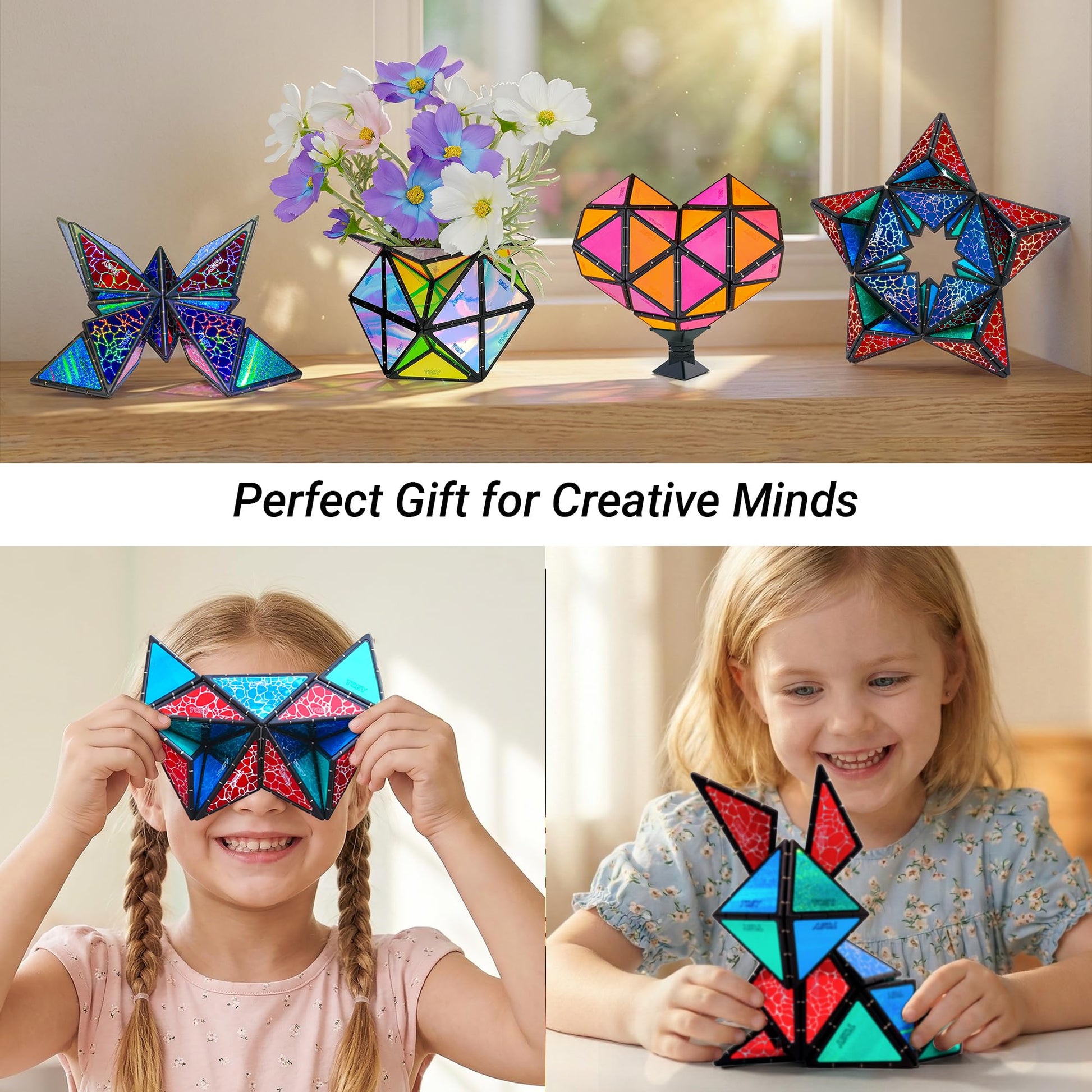 TOSY Magnet Pyramid Stone - 1 Cube Transforms into 1 Billion Shapes, 12 Pieces, 243 Rare Earth Magnets, Holographic Design Magnet Tiles Creative