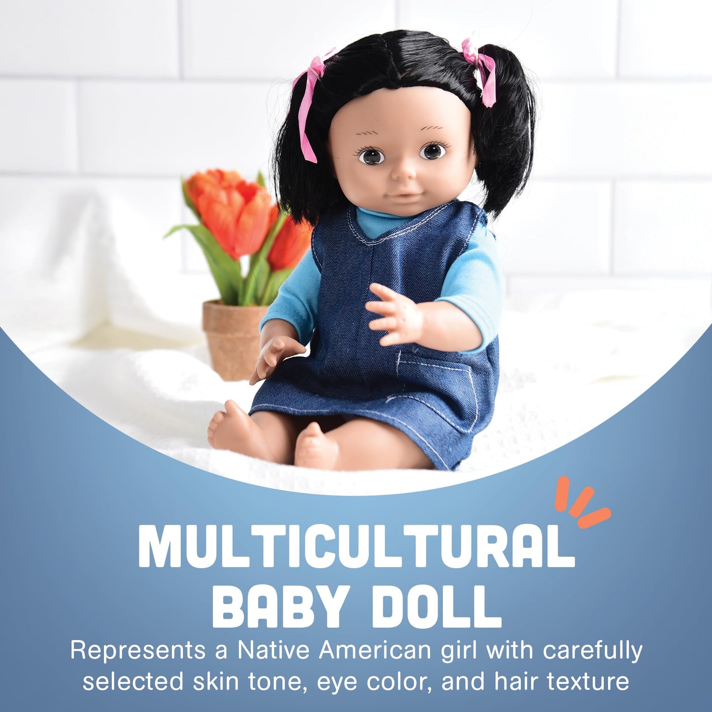 Cre8tive Minds Multi-Ethnic Toddler Baby Doll with Moveable Limbs, Denim Dress, Native American Doll for Girls and Boys Ages 19+ Months
