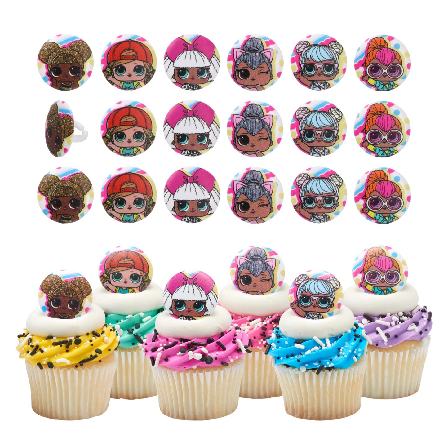 DecoPac L.O.L. Surprise! Rings, 24 L.O.L. Surprise Funseeker Cupcake Decorations Featuring 6 Different Dolls - 24 Pack