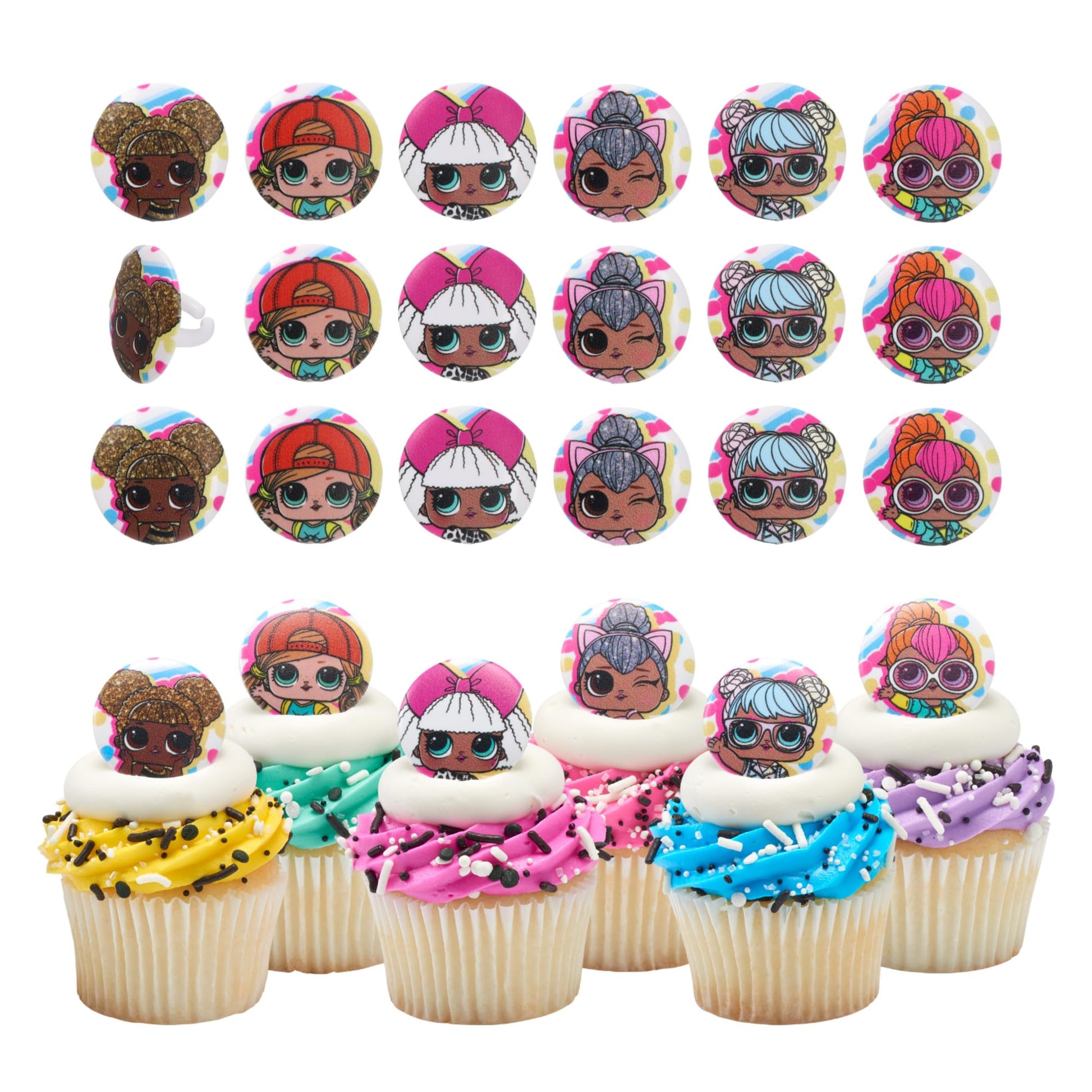 DecoPac L.O.L. Surprise! Rings, 24 L.O.L. Surprise Funseeker Cupcake Decorations Featuring 6 Different Dolls - 24 Pack