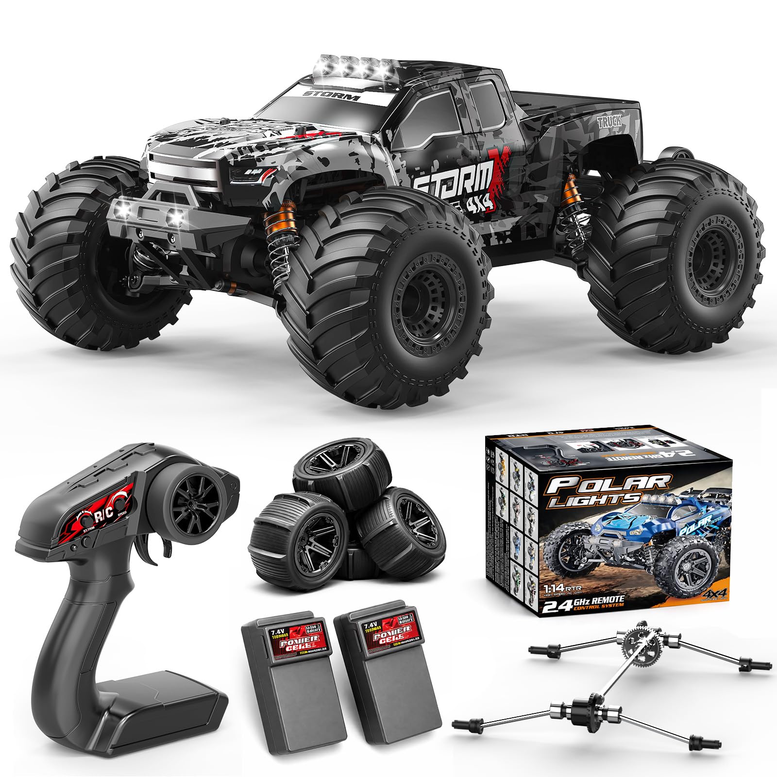 Womaqu RC Cars 1:14 4WD Off-Road RC Monster Truck High Speed 40 km/h, 4x4 Remote Control Car with 2 Rechargeable 1300mAh Batteries and 2 Sets of Tires