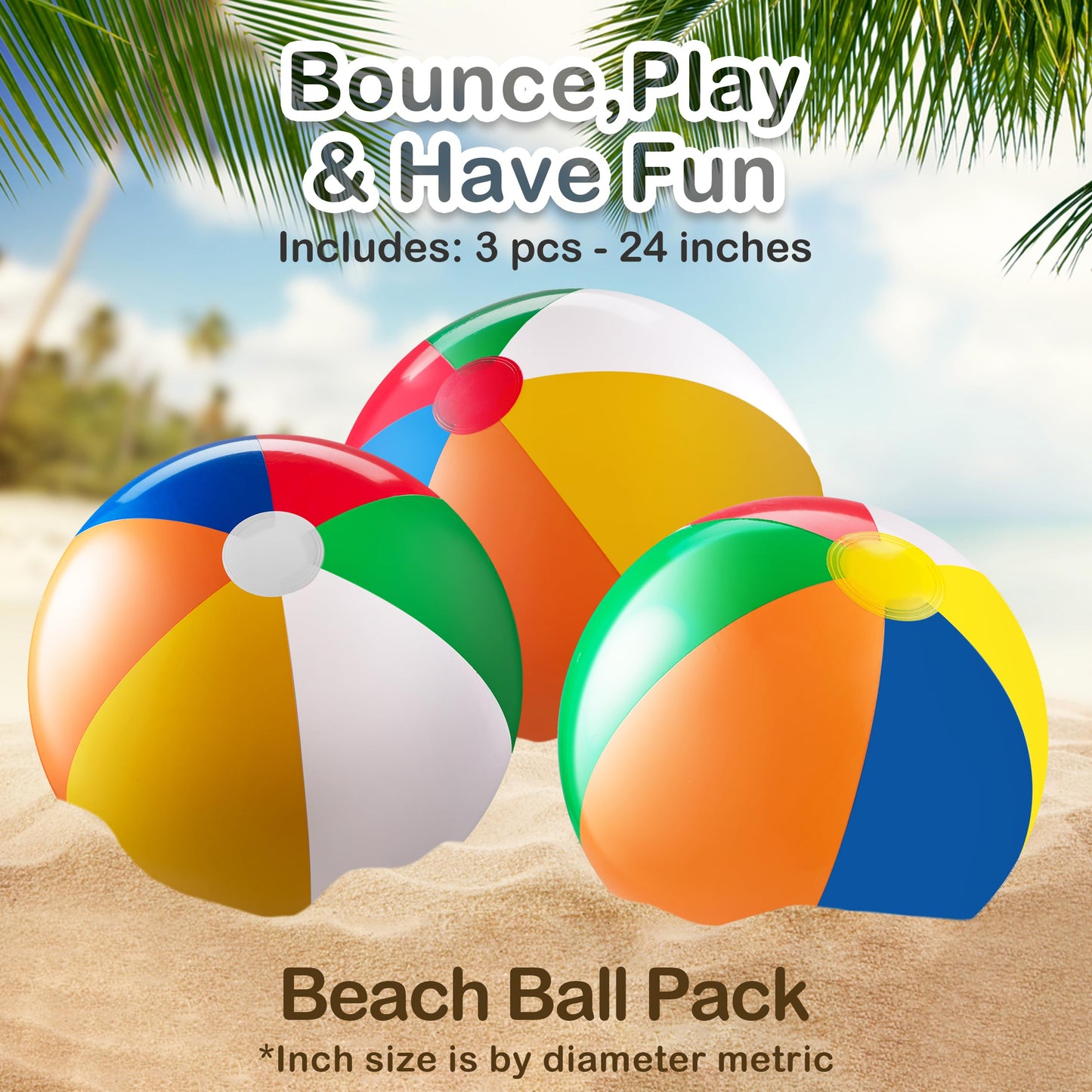 24-Inch Giant Inflatable Beach Balls - Large Blow Up Pool Balls 3-Pack