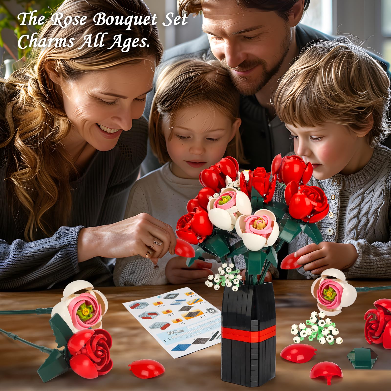 Roses Flower Bouquet Building Set, Red Rose Botanical Collection Kit with Vase for Adults Women, DIY Artificial Flower Bouquet Set for Home Office