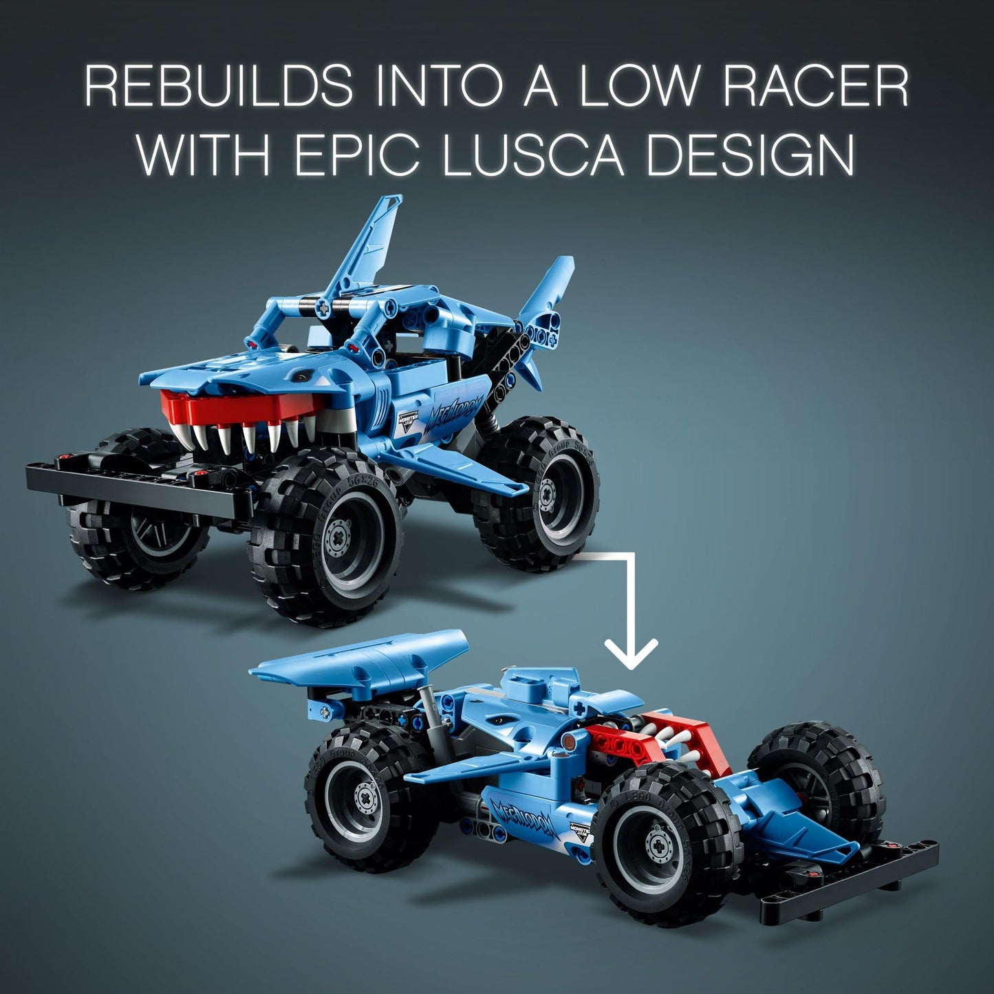 LEGO Technic Monster Jam Megalodon Building Set, 2 in 1 Pull Back Shark Truck to Lusca Low Racer Car Toy, DIY Building Toy Ideas for Outdoor Play