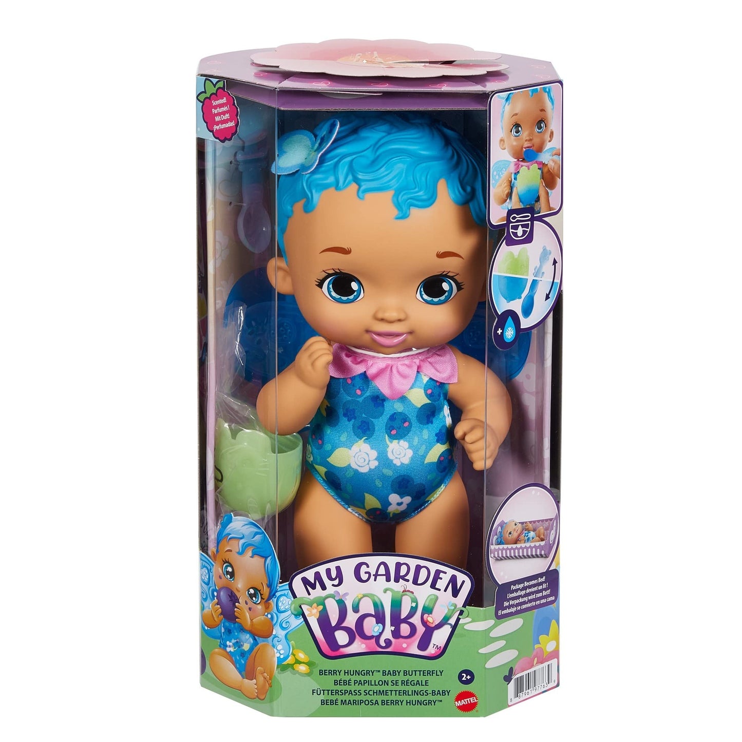 My Garden Baby GYP01 Berry Hungry Baby Butterfly Doll (30-cm / 12-in), Blueberry-Scented with Color-Change Spoon & Cup, for Kids Ages 2Y+, Multicolor