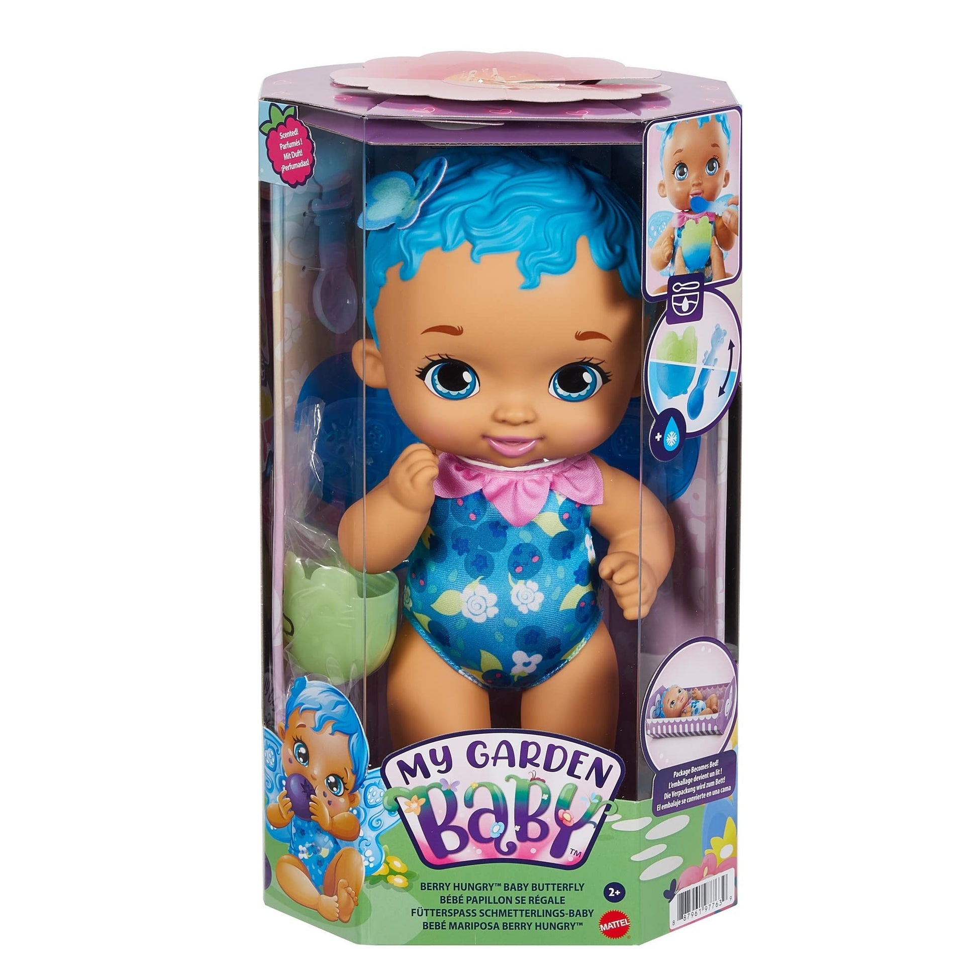 My Garden Baby GYP01 Berry Hungry Baby Butterfly Doll (30-cm / 12-in), Blueberry-Scented with Color-Change Spoon & Cup, for Kids Ages 2Y+, Multicolor