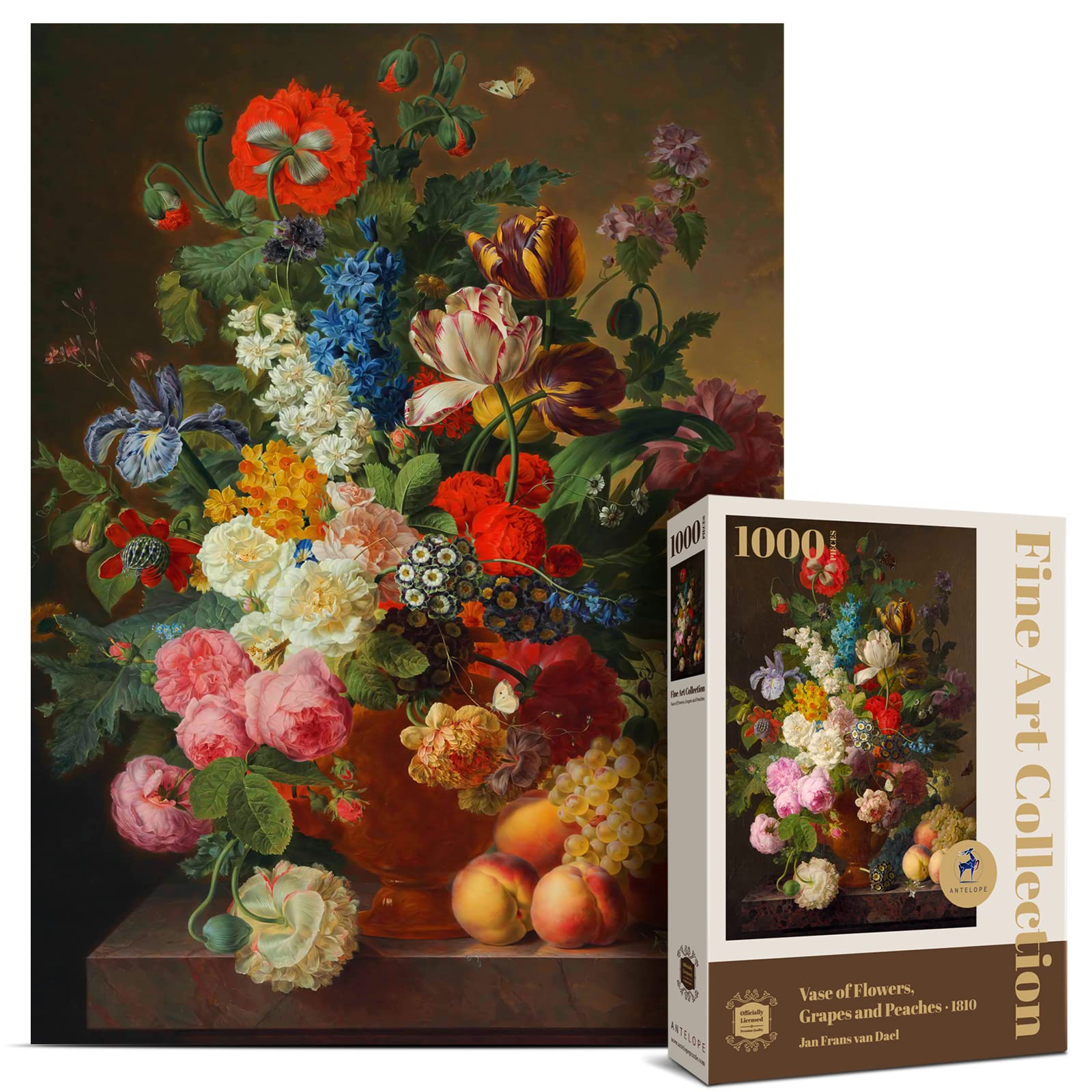 Antelope - 1000 Piece Puzzles for Adults - Vase Flower Grapes Peaches Jigsaw Puzzle 1000 Pieces, Jan Frans Van Dael Officially Licensed, High