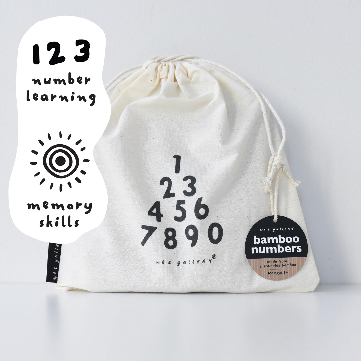 Wee Gallery Bamboo Numbers Set - Number Learning for Baby, Toddler, Preschool Age Kids - Interactive Wooden Numbers to Stimulate Early Development