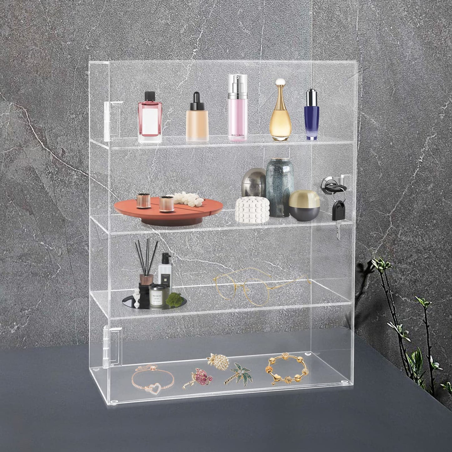 Locking Display Case,Showcase Display Cabinet,4-Tier Acrylic Display Case with Lock Key,Clear Countertop Cabinet, for Home, Stores