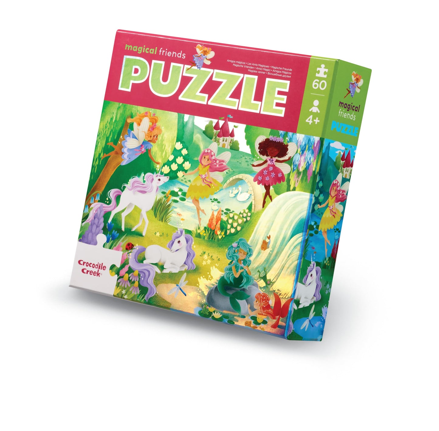 Crocodile Creek 60-Piece Holographic Foil Floor Puzzle for Kids Ages 4-8 and Up - Heavy-Duty Box for Storage - Magical Friends - 14” x 19” Finished