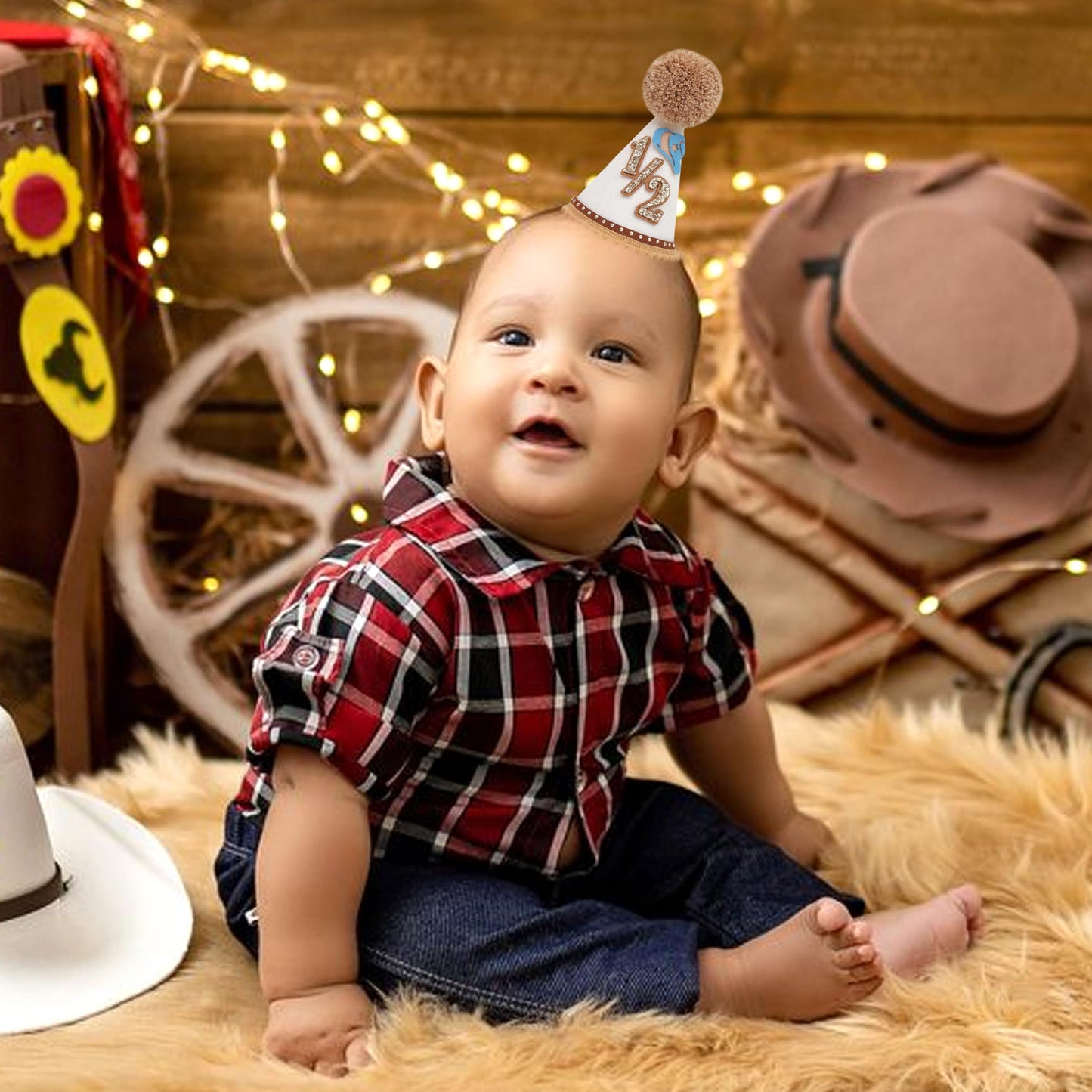 RSOLIET Cowboy Half Birthday Hat for 6 Months - Adjustable Western Baby Photo Prop for Cake Smash & Milestone Photos, 3-12 Months Cowboy Party Hat