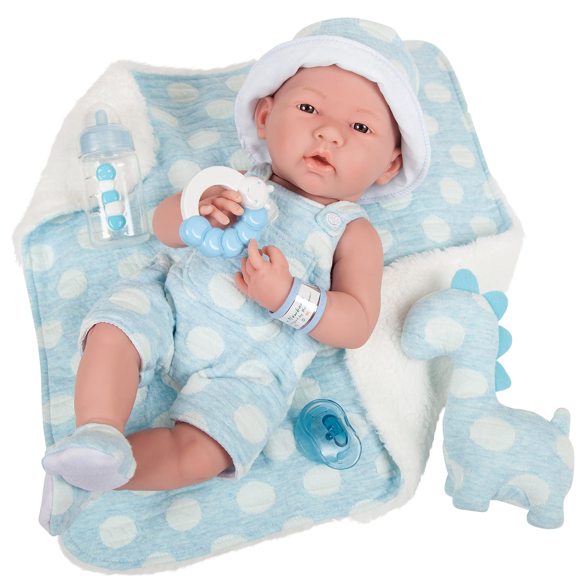 JC Toys La Newborn All-Vinyl-Anatomically Correct Real Boy 15" Baby Doll in Blue and Deluxe Accessories, Designed by Berenguer., Blue - Dots,