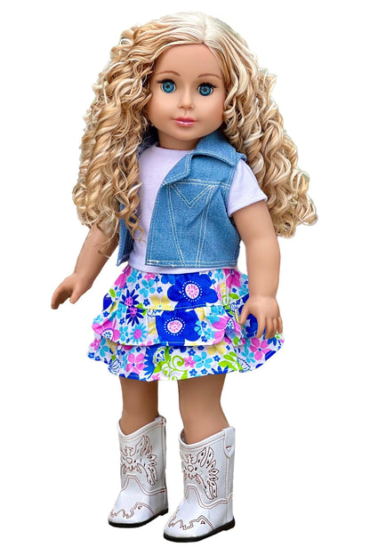Feeling Happy - 4 Piece Outfit - Skirt, White T-Shirt, Blue Jeans Vest and White Cowgirl Boots - Clothes Fits 18 Inch Doll (Doll Not Included)
