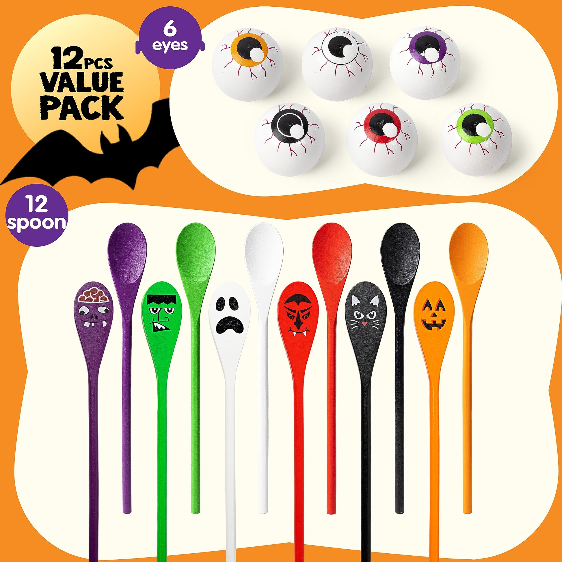 JOYIN Halloween Egg and Spoon Race Game, 6 Eggs and 6 Spoons, Made of the Finest Wood, Fun Game for Parties, Birthdays Classroom Activities. Durable