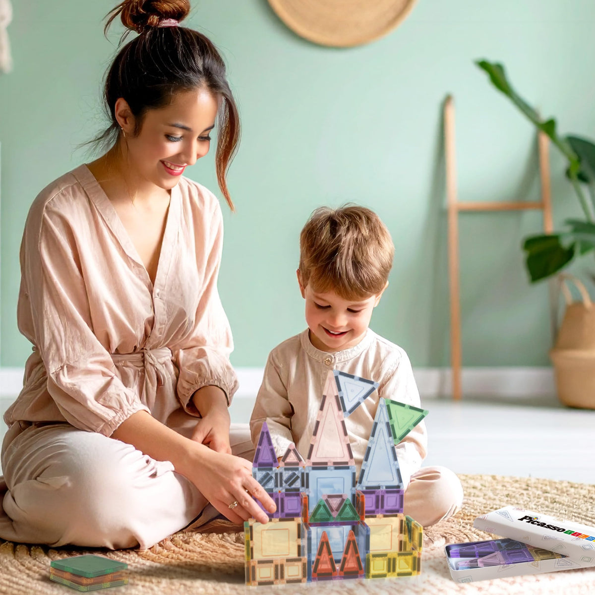 PicassoTiles 50PC Magnetic Tiles Travel Set Nano + Original Size Construction Building Block 2-in-1 Tile Collection with Tin Box Storage Case