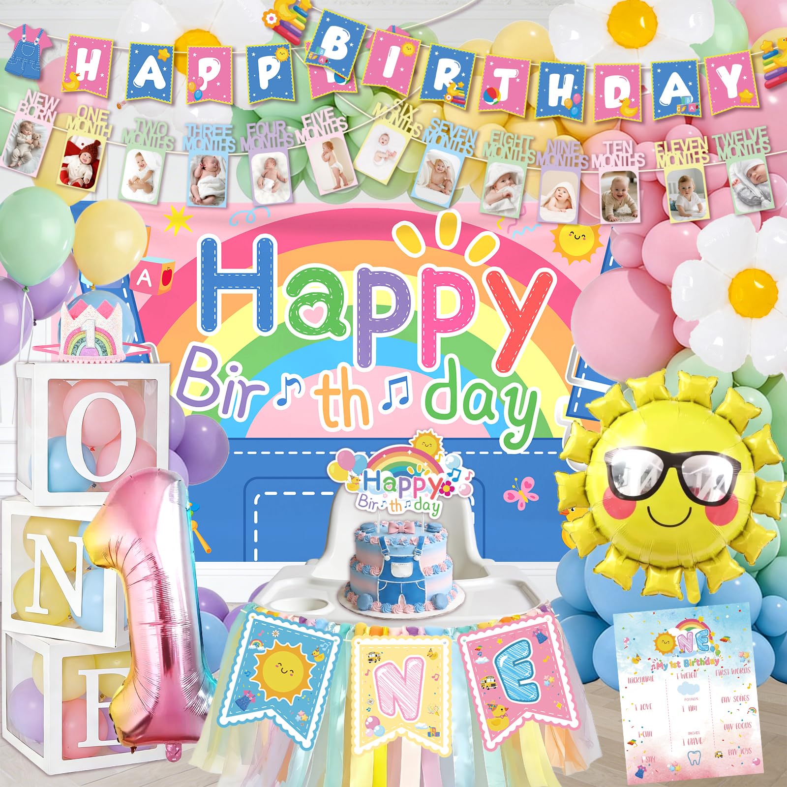 135 pcs Rachell English Teacher Party Supplies, 1st Birthday Decorations Girl & Boy, Photo Banner Balloons Poster Crown High Chair Banner Cake Topper