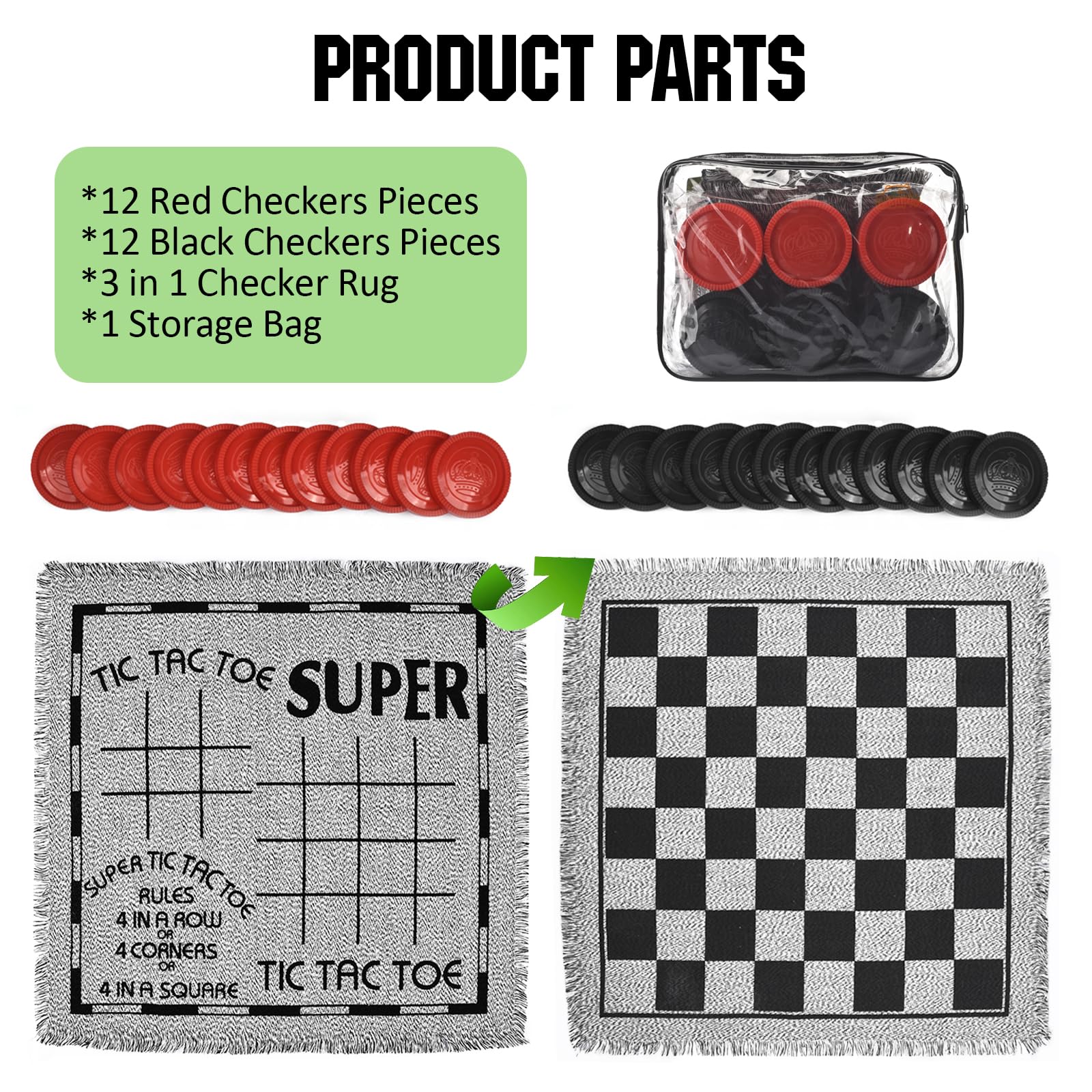 QuadPro Giant Checkers Board Game Set,3 in 1 Jumbo Tic Tac Toe Game,Classic Checkers Board Game for Kids & Adults,Large Checkers Rug Game Mat,Indoor