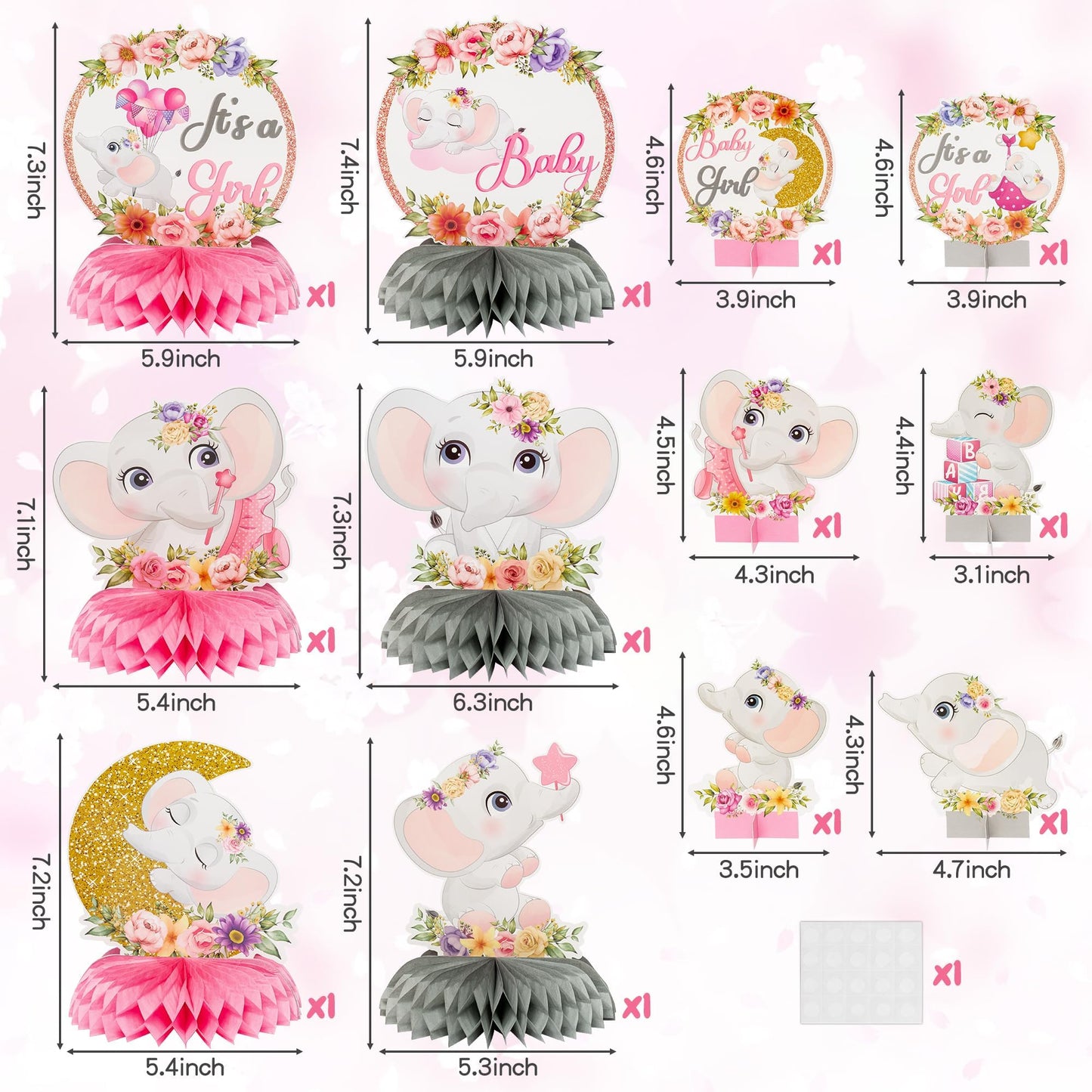 12Pcs Pink Floral Elephant Honeycomb Table Centerpieces It's a Girl Baby Shower Table Toppers Elephant Gender Reveal Party Decor Welcome Baby Girls