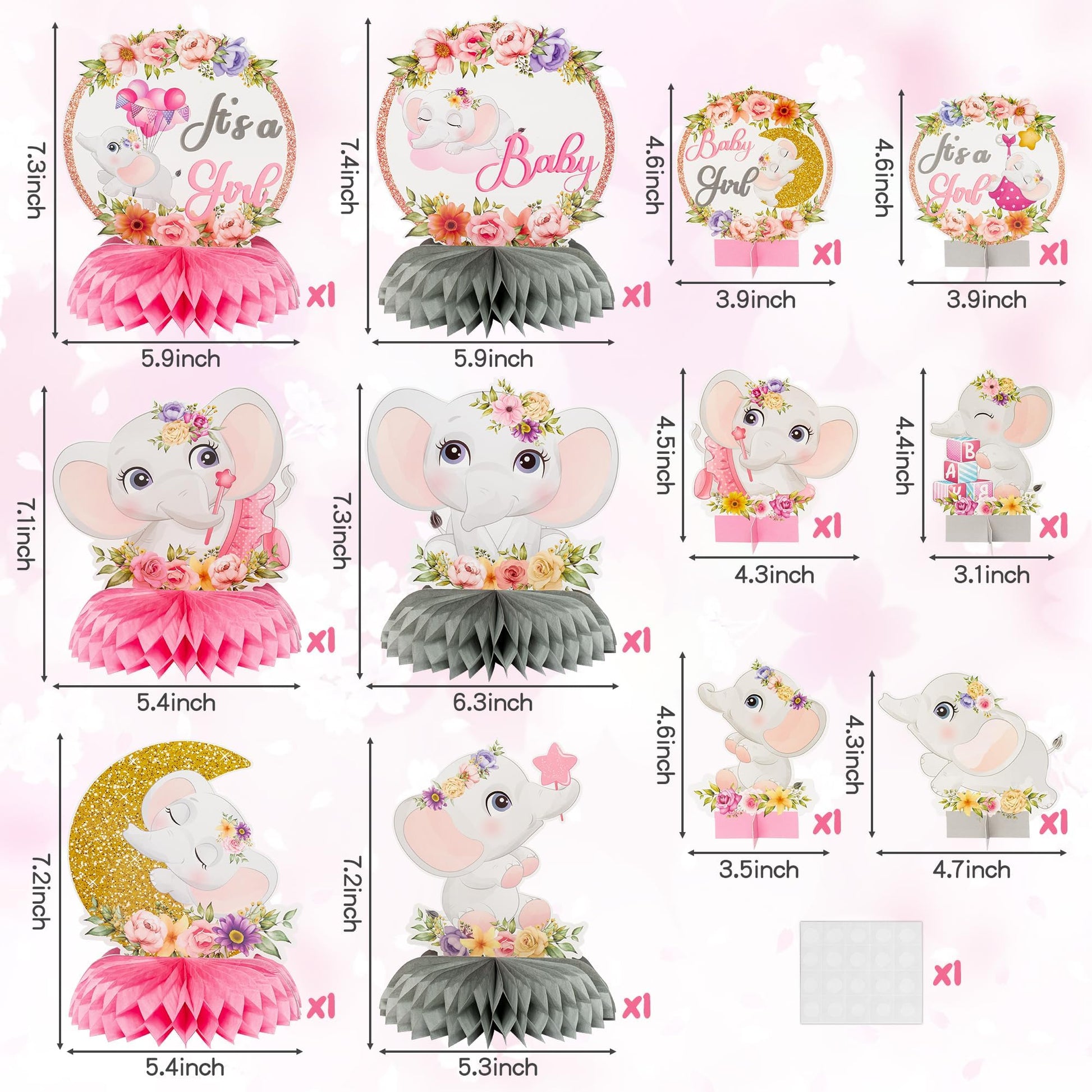 12Pcs Pink Floral Elephant Honeycomb Table Centerpieces It's a Girl Baby Shower Table Toppers Elephant Gender Reveal Party Decor Welcome Baby Girls