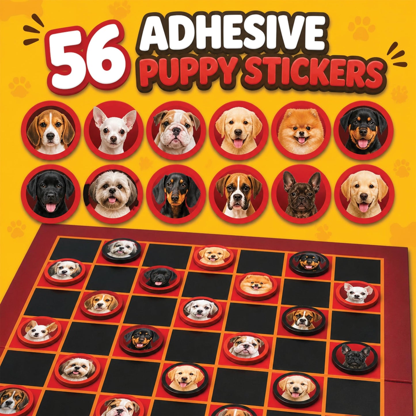 Puppy Checkers Board Game for Kids 8-12 and 4-8 with 56 Adhesive Dog Stickers - Fun Learning Game for Game Night | Great for Grandkids