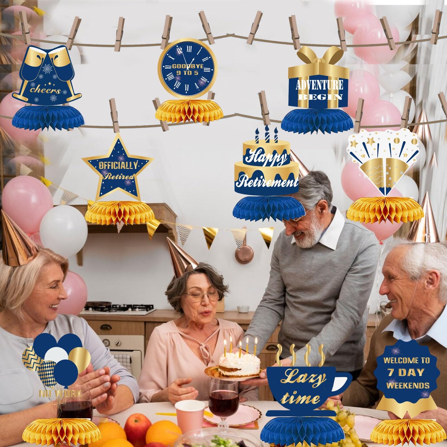 WINPOGEE 9Pcs Happy Retirement Decorations Table Honeycomb Centerpieces Party Supplies Blue Gold Retirement Adventure Awaits Sign for Men Retired