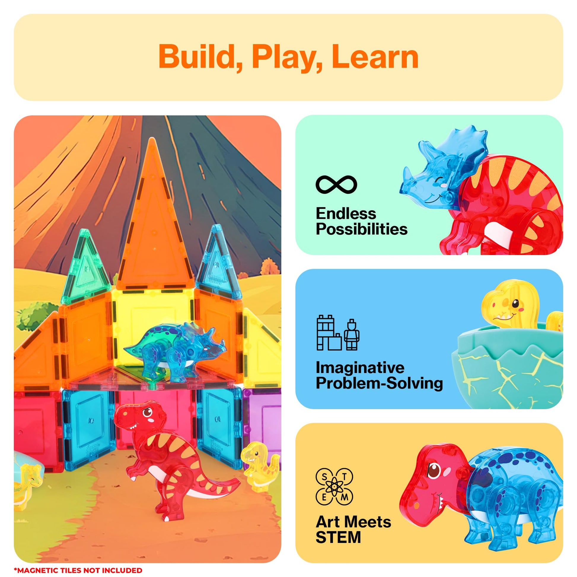 PicassoTiles Magnetic Tiles Dinosaur Egg Set 4 Dinos with 2 Hatchable Eggs Character Action Figures Accessory for Magnet Tile Building Construction