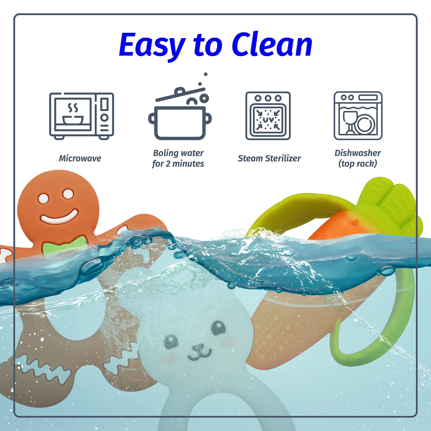 WANABUY - Silicone Pacifier teether Toys for Babies 0-6 and 6-12 Months - Package of 4 Baby teethers - Pain Relief - Infants and Toddlers. Safer Than