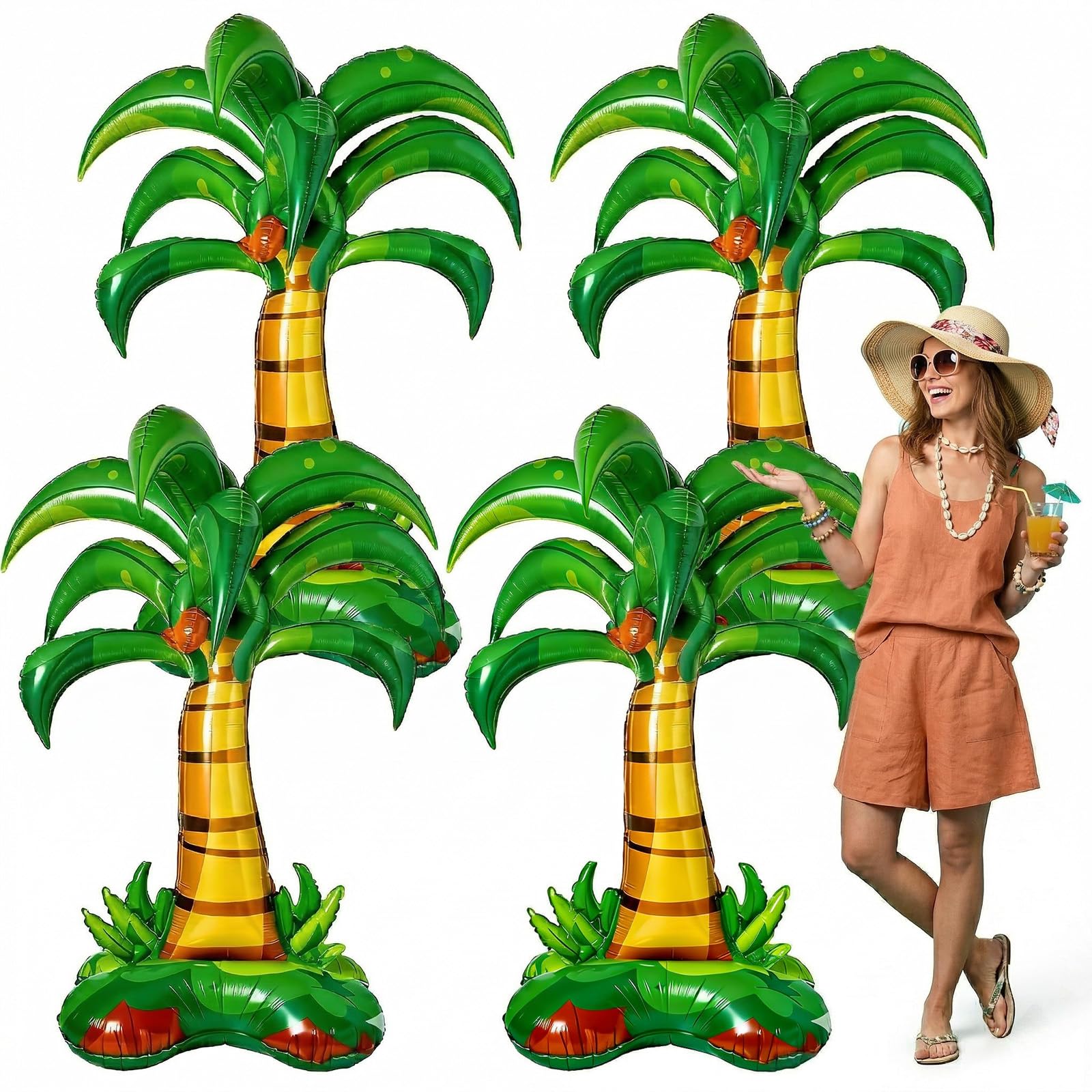 4 Pieces 52 Inches Large Inflatable Standing Palm Tree Balloons, Green Blow Up Foil Coconut Tree Balloons for Birthday Baby Shower Decorations