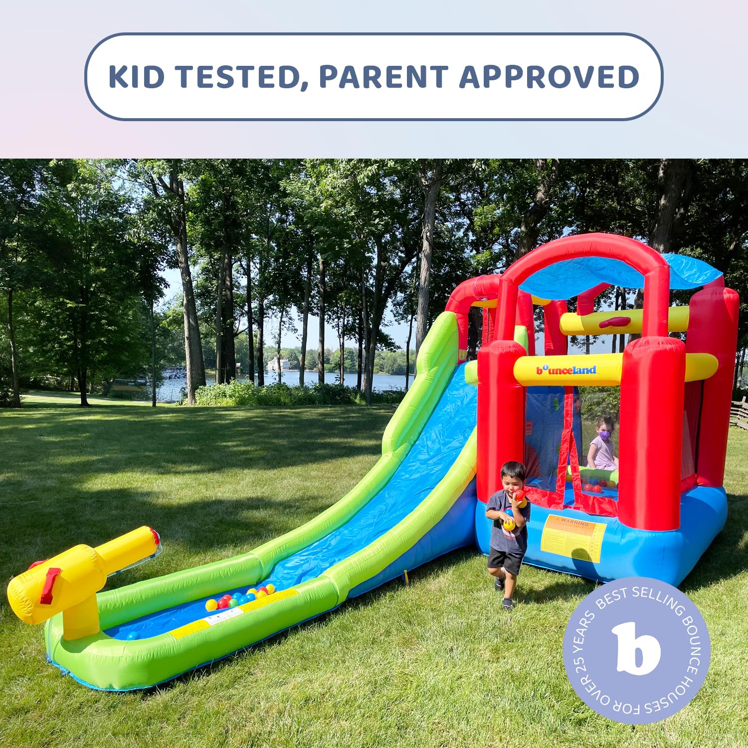 Inflatable Bounce House or Water Slide Wet or Dry with Sun Roof, Ball Pit 30 Balls, Water Gun, Fun Bouncing Area with Basketball Hoop, Long Slide