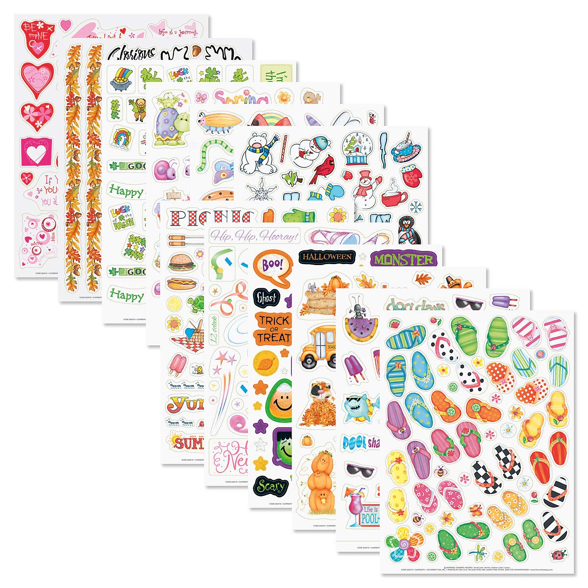 Current Year-Round Themed Sticker Variety Pack - 12 Sheets, 178 Assorted Stickers for Kids, Teachers, School, Scrapbooking, Journals, Monthly