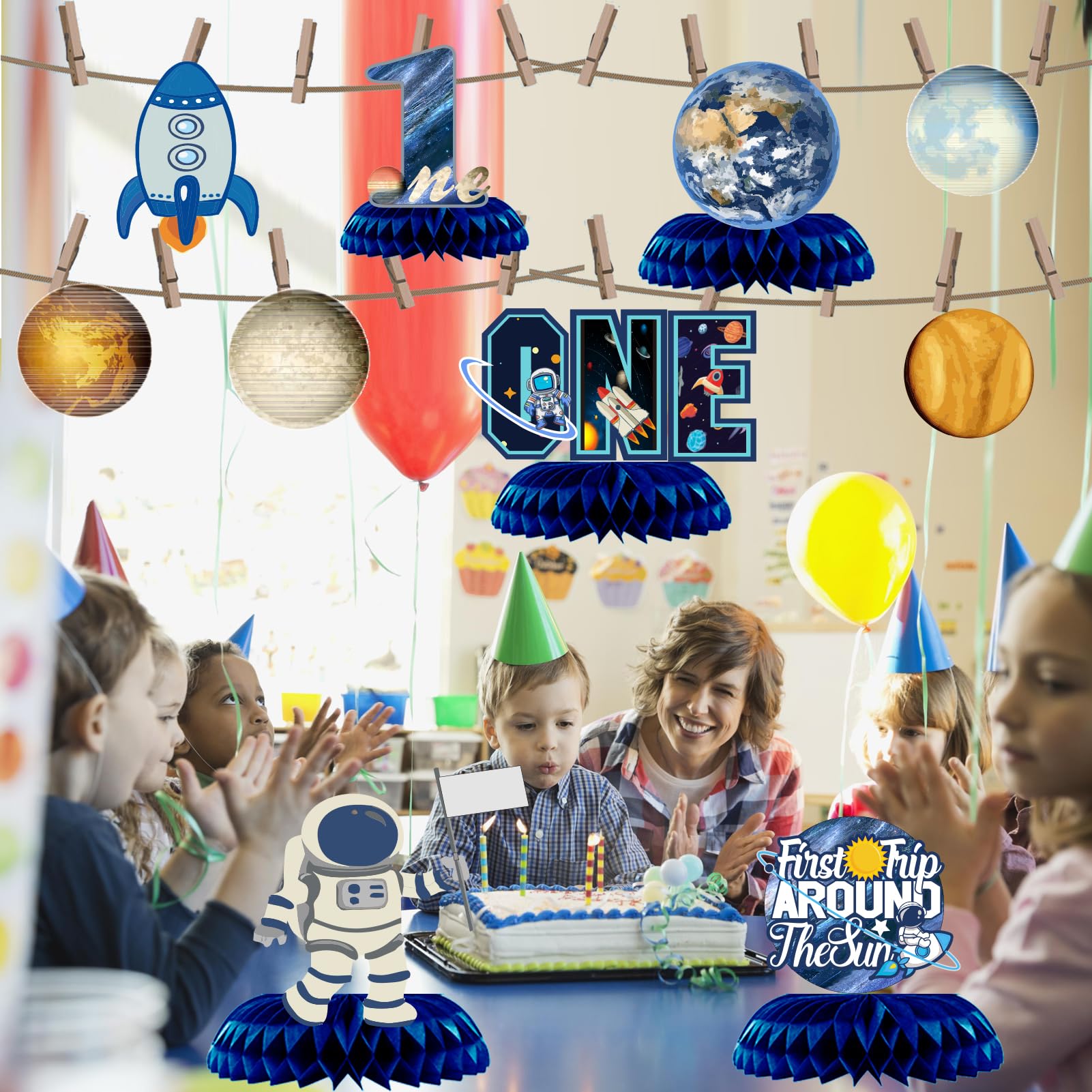 12Pcs First Trip Around The Sun One Letter Table Party Supplies Outer Space 1st Birthday Honeycomb Centerpiece Party Decoration Planets Solar System