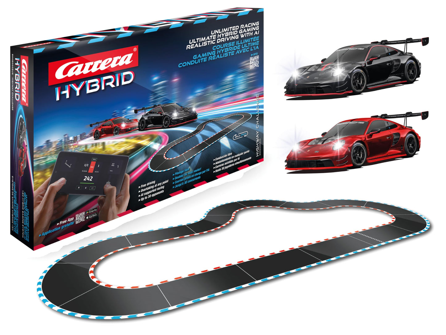Carrera Hybrid Highway Challenge - Racing Fun of the New Generation - Legendary Porsche 911 GT3 R in 1:50 Scale - Hybrid Technology with AI Support