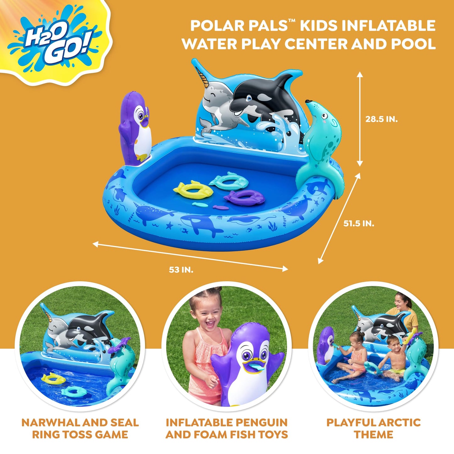 Bestway H2OGO! Polar Pals Kids Inflatable Water Play Center (53" x 51.5" x 28.5") | Outdoor Summer Pool Toy for Children Ages +2