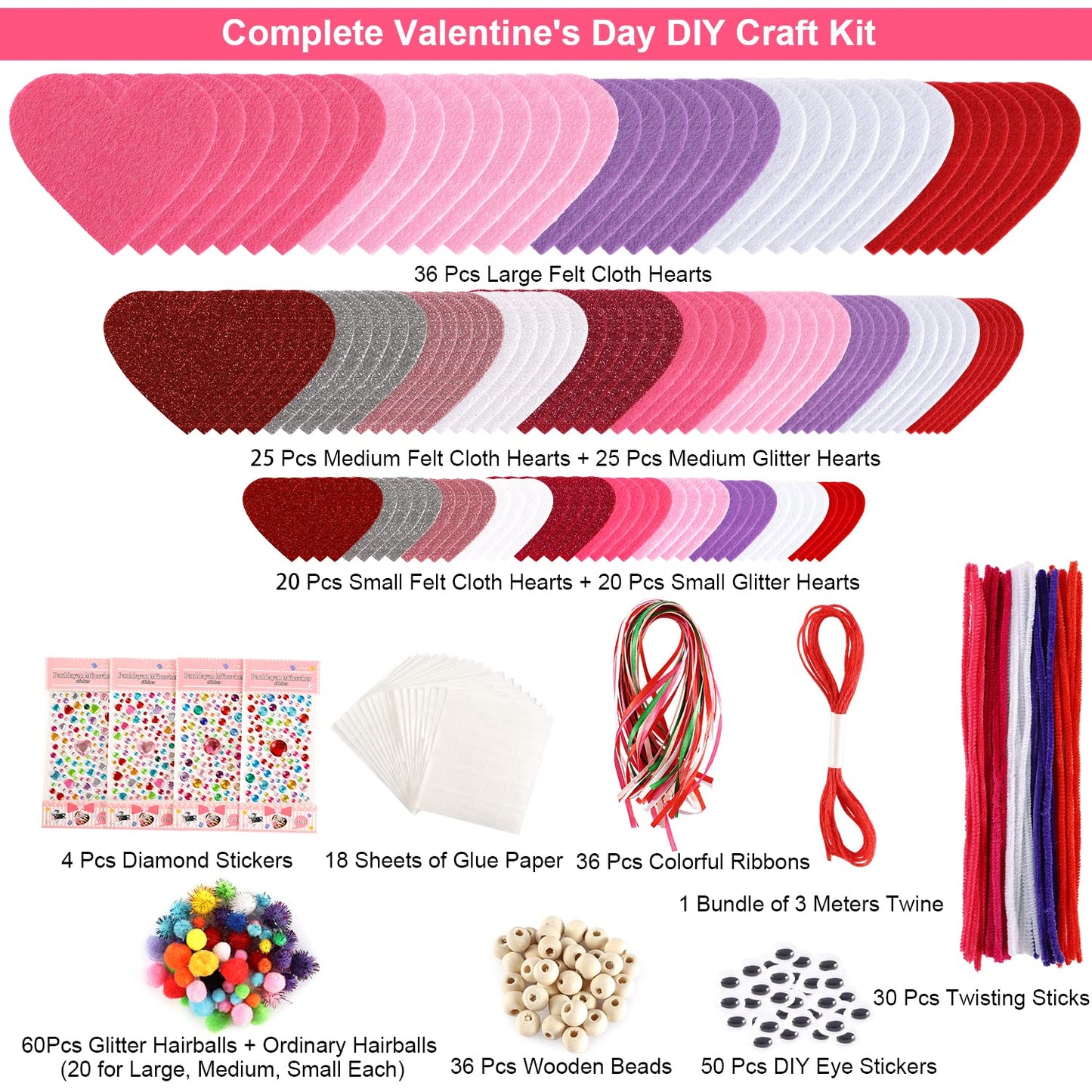 Valentine's Day Crafts for Kids - 361PCS DIY Heart Craft Set for School Gift, 108 Hearts, 50 Googly Eyes, 60 Pom Poms, 36 Wooden Beads, Craft Supplies