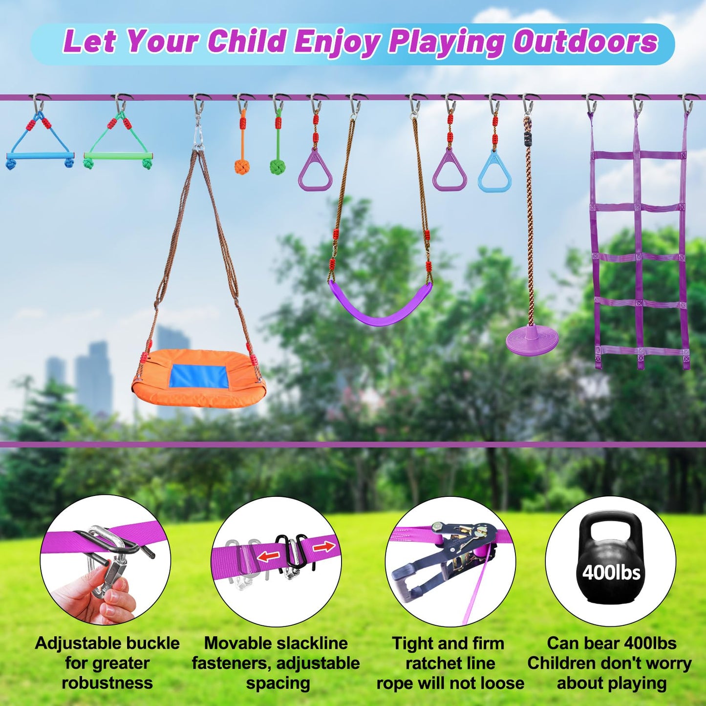 AOBOTE Ninja Warrior Obstacle Course for Kids,2x56ft Slackline with 12 Accessories,Saucer Swing with 360 Degree Rotating Wheel,Ninja Course for Kids