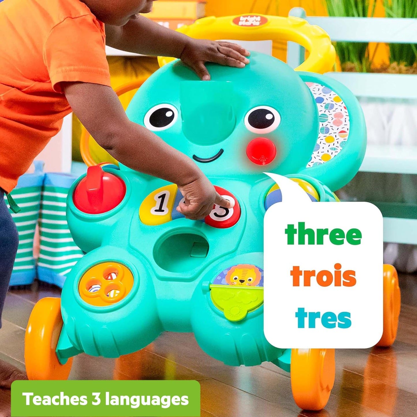 Bright Starts Stroll 'n Roll 2-in-1-Ball Push Walker - Includes 3 Toy Balls, Elephant with 70+ Songs & Sounds, 7 Activities - Ball Drop, Piano