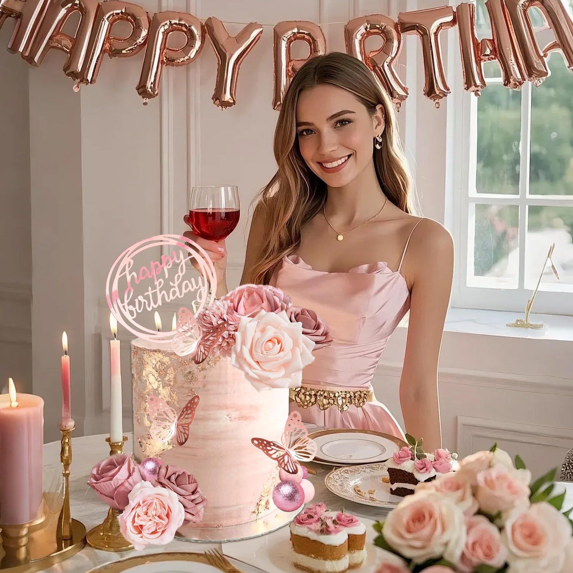 Flower Cake Toppers, Happy Birthday Rose Gold Cake Decorations with Artificial Flowers Butterfly Balls for Wedding Baby Shower Birthday Party Supplies
