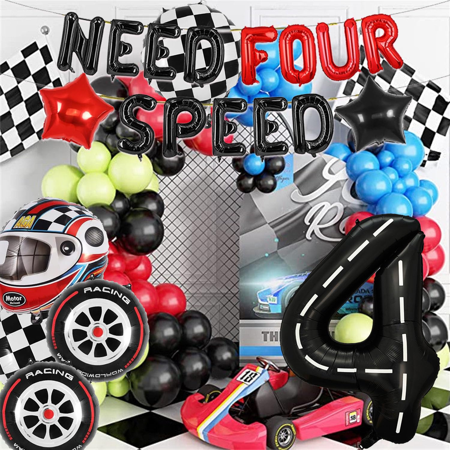 Need Four Speed Birthday Decoration Need Four Speed Balloons Backdrop Racing Car 4th Birthday Decoration Boys Race Car Themed 4th Bday Party Supplies