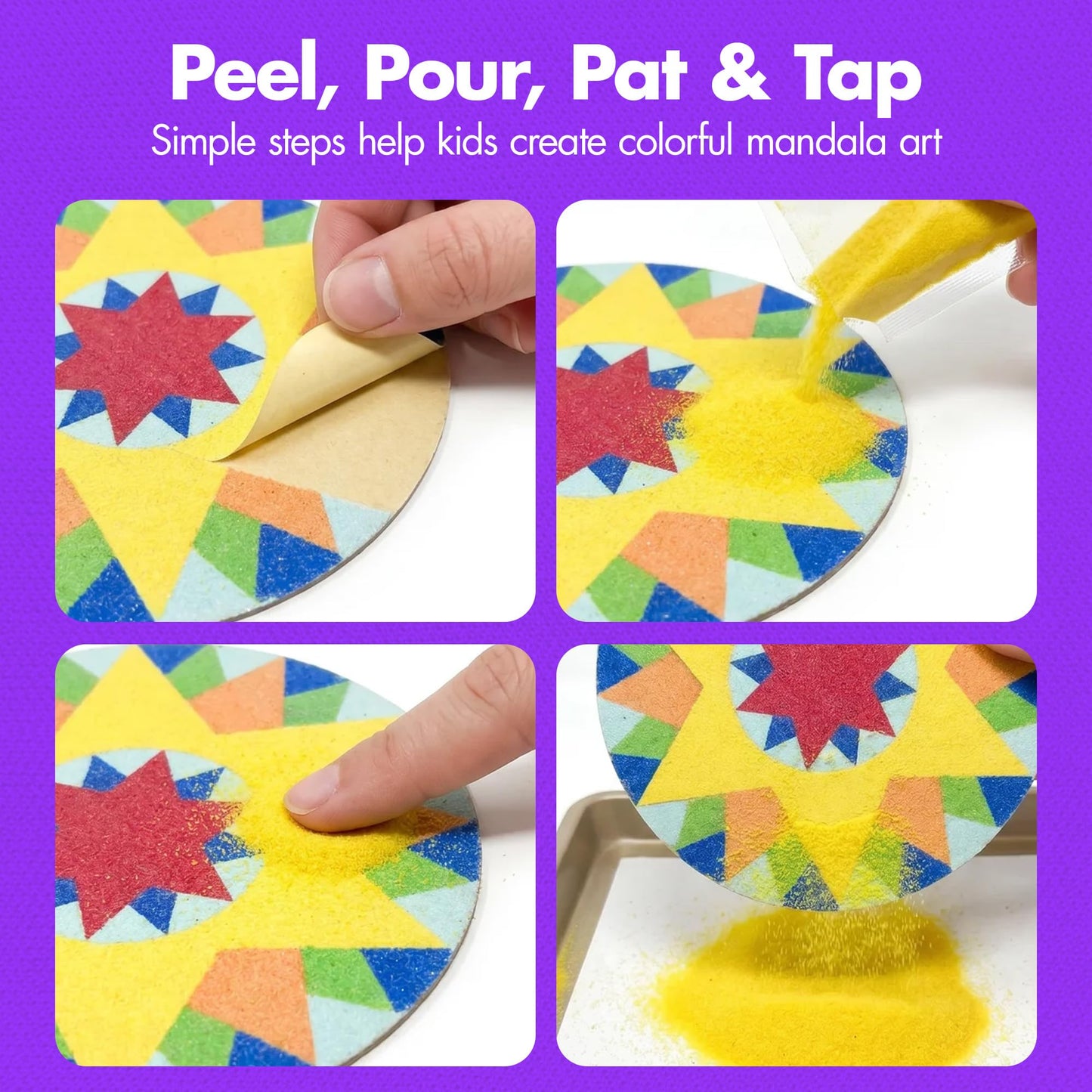 Podzly Sand Painting Mandala Coloring Craft Kits 24 Piece - Self-Adhesive Sand Art Peel Kit for Kids Ages 5+ - 6 Colors & 5 Inch Round Canvases