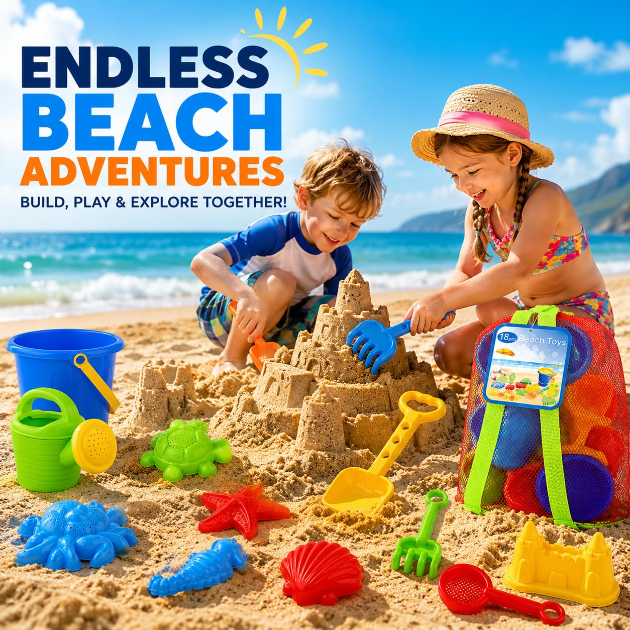 Click N' Play Beach Toys for Kids 3-10 - 18pc Sand Toys Including Sand Buckets for Kids with Sifter, Watering Can, Rake, 4 Hand Tools, 10 Sand Molds
