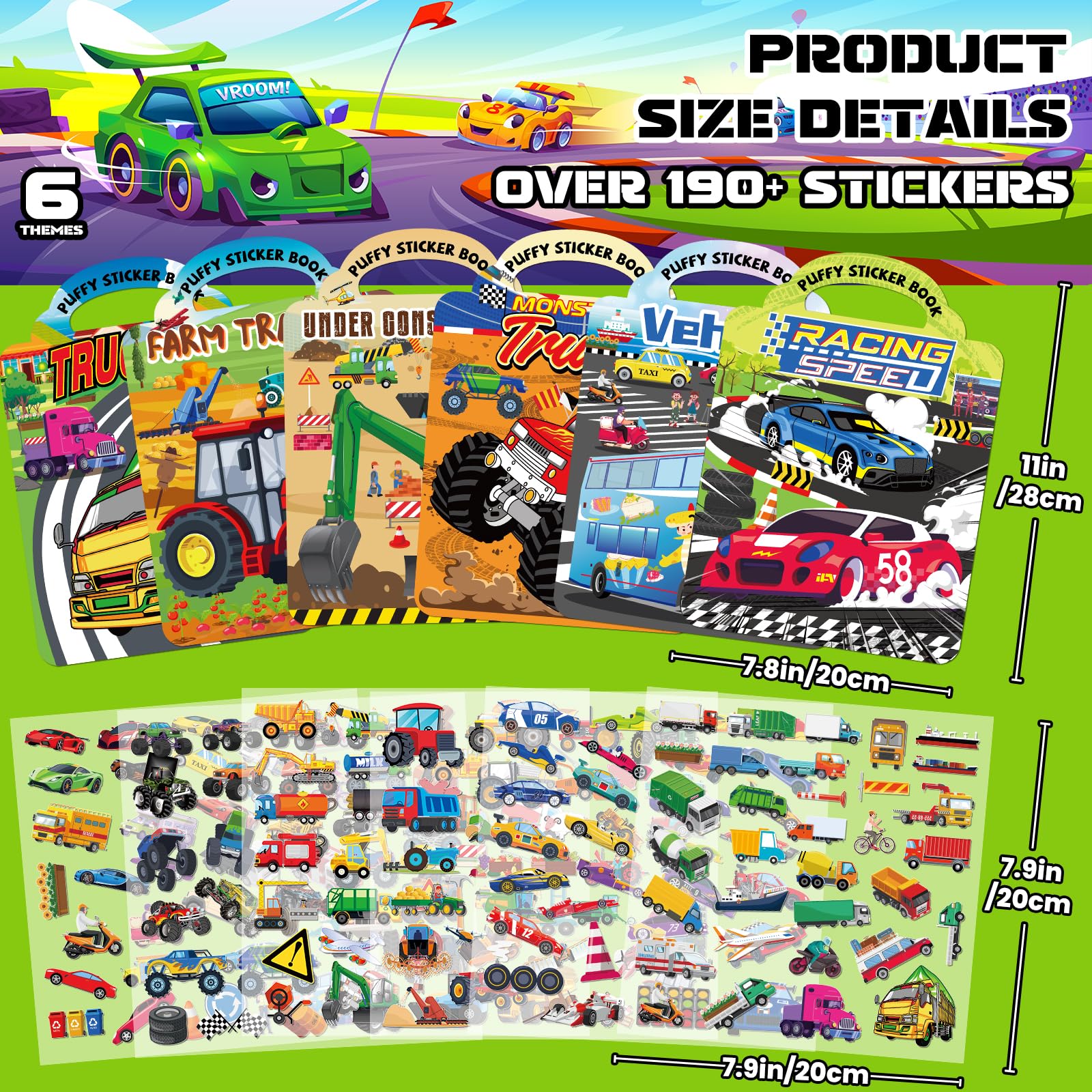 Elfew 6 Pack Car Sticker Books for Toddlers 2-4, Reusable 3D Puffy Vehicle Stickers for Boys 3-5, Construction Trucks Racing Mess Free Activity Set
