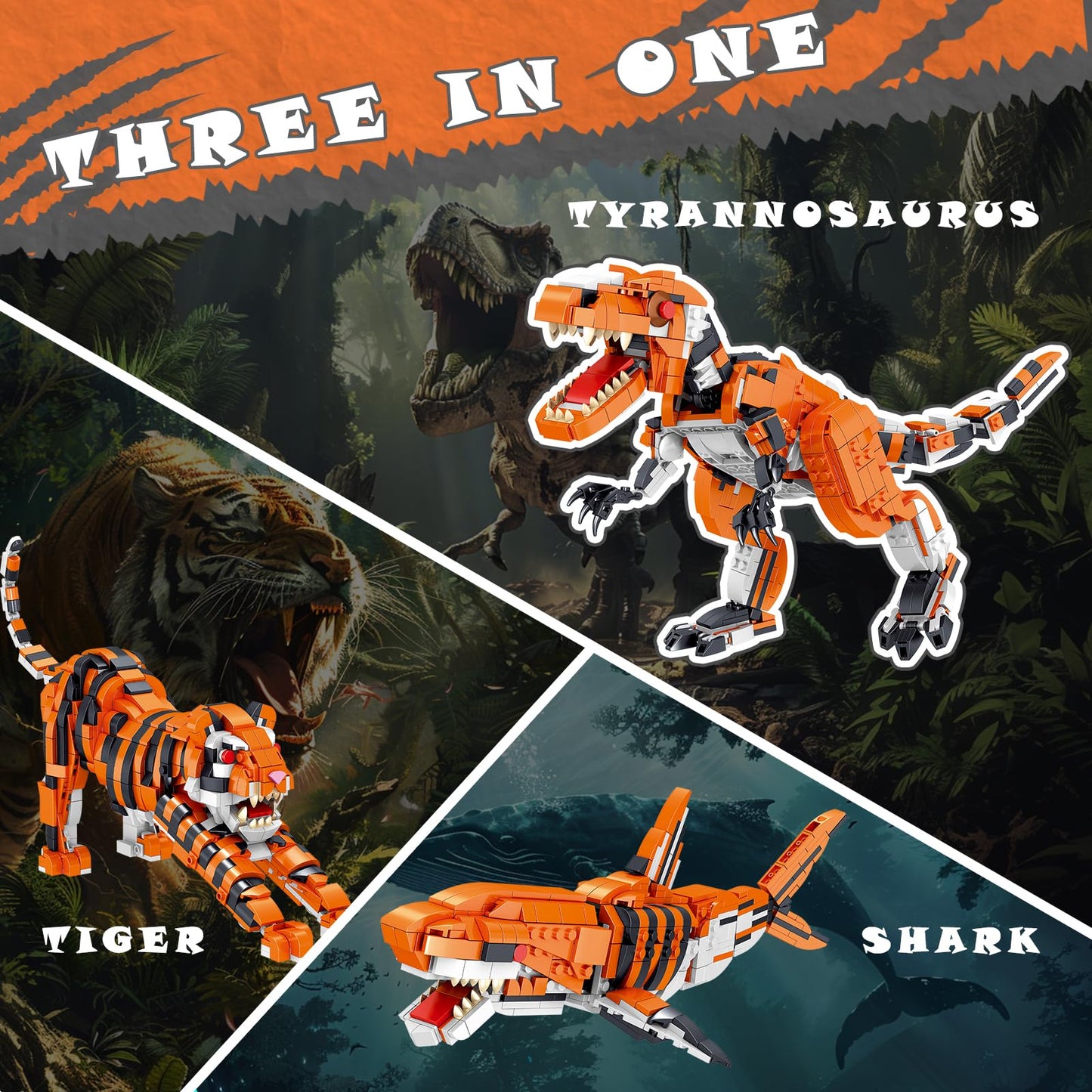CAXIMSY Creator 3 in 1 Animal Building Block Set 1030 Pcs Transformable Dinosaur Tiger & Shark Model Kit for Adults and Teens Wildlife Figure Desktop