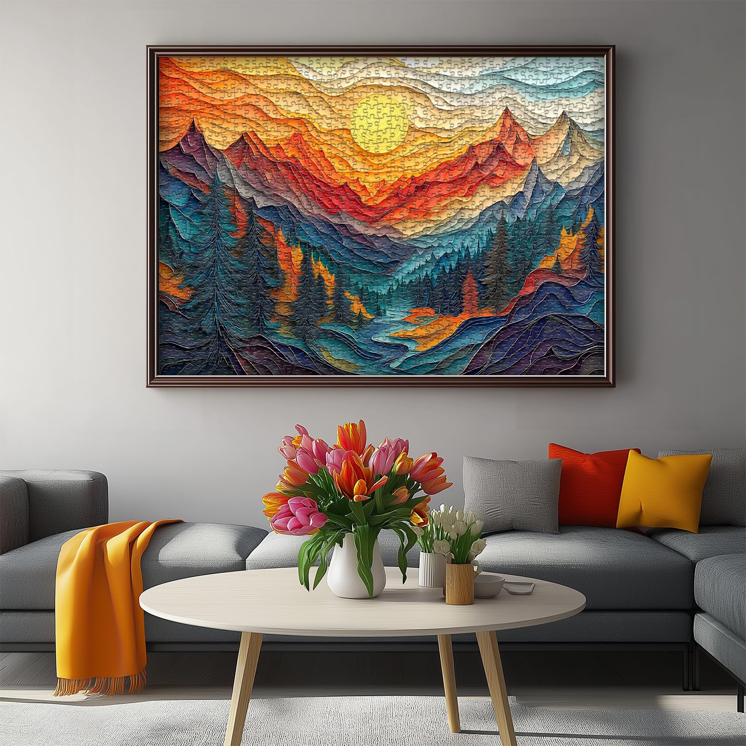 Mountain Puzzles for Adults 1000 Pieces, Nature Tree River Canyon Sunset Forest Landscape Jigsaw Puzzle Scenic, Colorful Paper Cut Art Themed