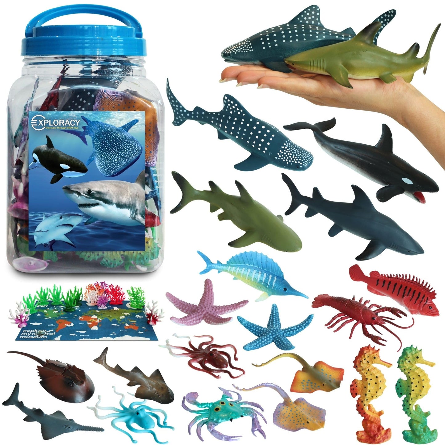 EXPLORACY 20pcs Sea Animals Toys for Kids Realistic Ocean Animal Toy Sealife Figurine Whale Shark Toys Bath Sensory Bin Play Birthday & Party Favors