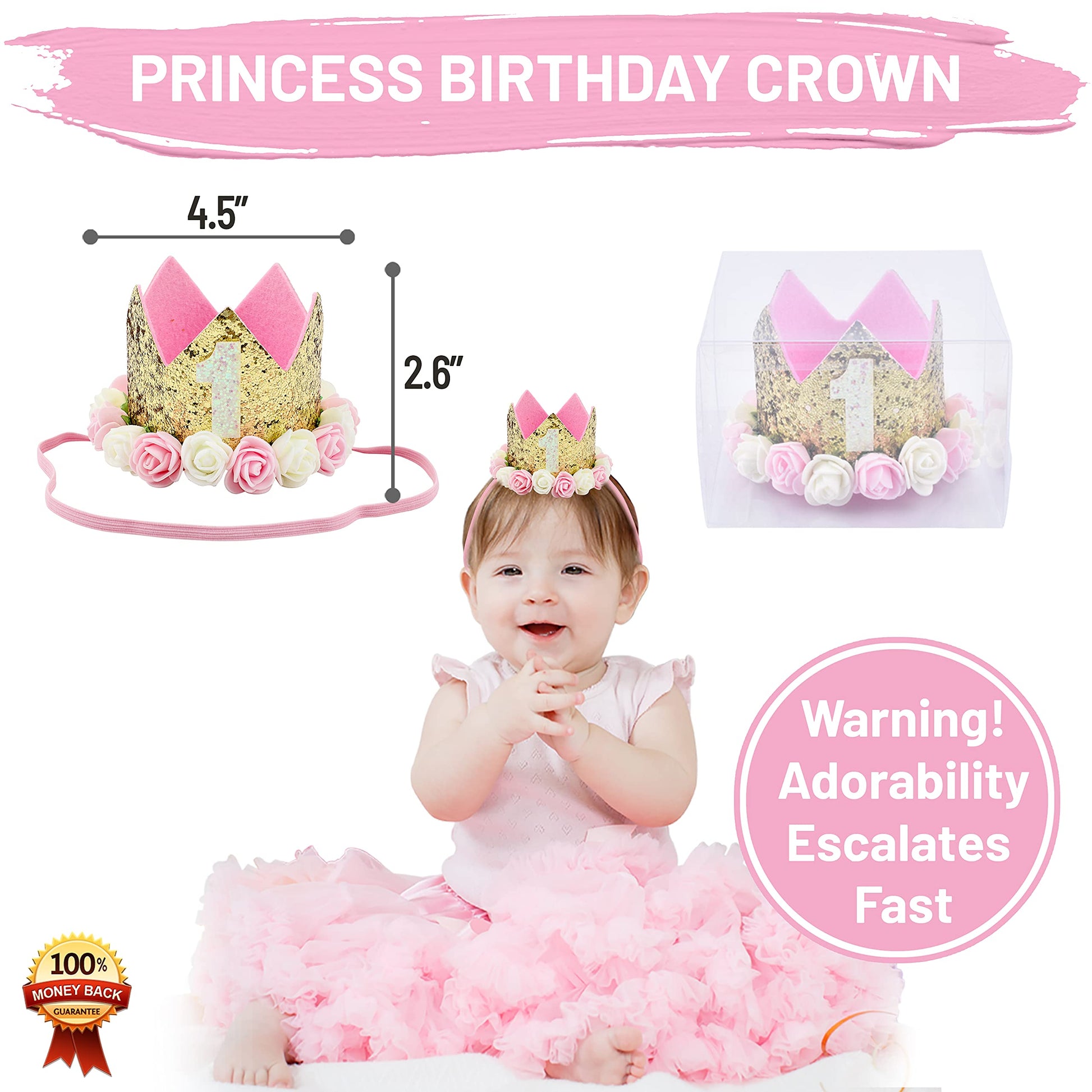 1st Birthday Girl Decorations WITH Birthday Crown- Baby First Birthday Decorations Girl - Pink and Gold Party Supplies - One Balloon, Heart
