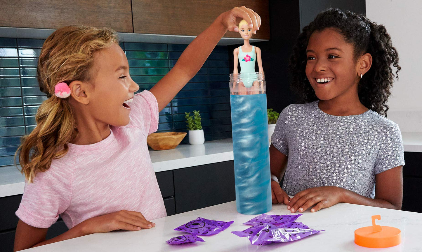 Barbie Color Reveal Doll with 7 Surprises: 4 Mystery Bags Contain Surprise Wig, Skirt, Shoes & Sponge; Water Reveals Metallic Blue Doll’s Look &