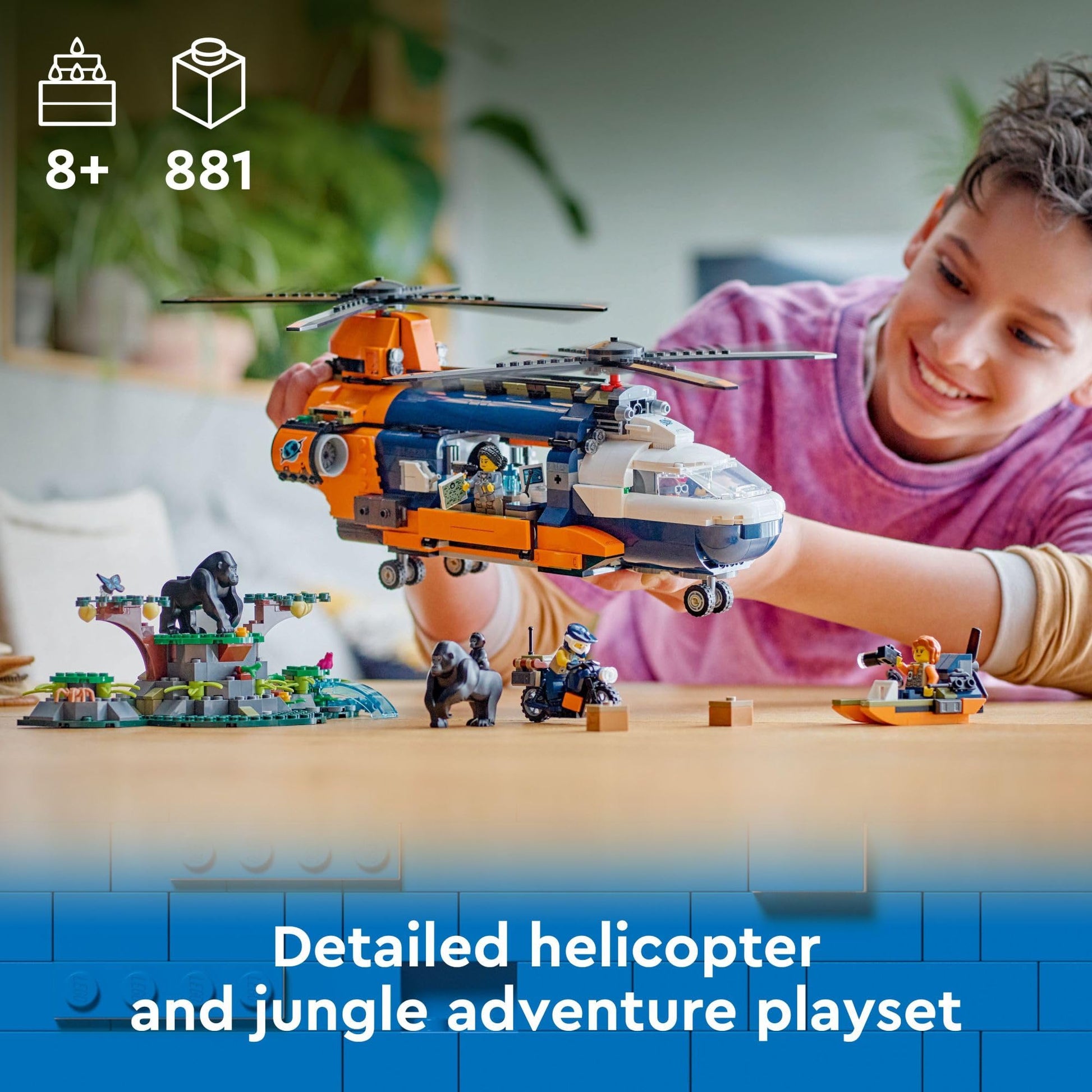 LEGO City Jungle Explorer Helicopter Toy at Base Camp - Kids Toy Adventure Building Set for Boys & Girls, Ages 8+ - with 5 Minifigures & Gorilla