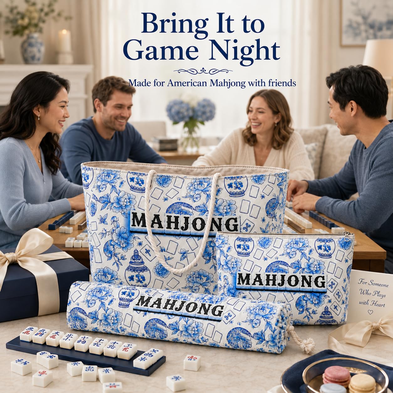 VEylixion 3 Pcs Empty American Mahjong Bags for Tiles and Racks and Mat, Blue Floral Mahjong Carrying Tote with Zipper Tile Pouch and Rack Sleeve