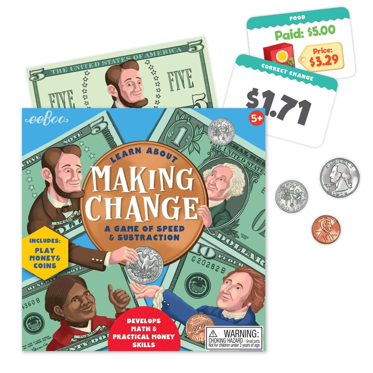 eeBoo: Making Change Game, 50 Item Cards with Play Money, Develop Math and Practical Money Skills, Perfect for Ages 5 and up